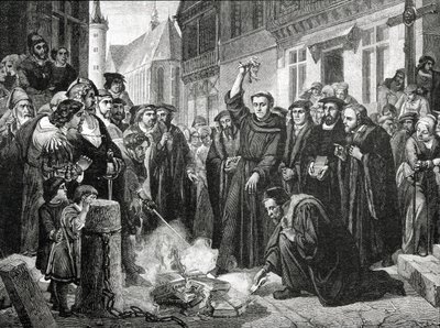 Martin Lutero (1483-1546) brucia pubblicamente la bolla papale nel 1521 da English School